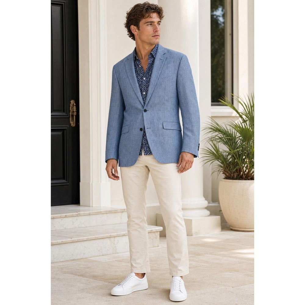 BAR III Slim Fit Linen Blazer Mens 40S Blue Sport Coat Floral Lined Preppy
